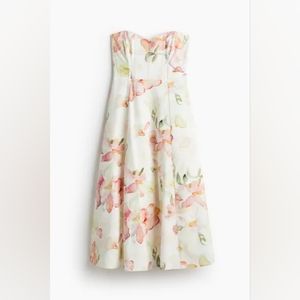 H&M Linen-Blend bandeau/strapless floral midi dress multicolored sz M,L,XL